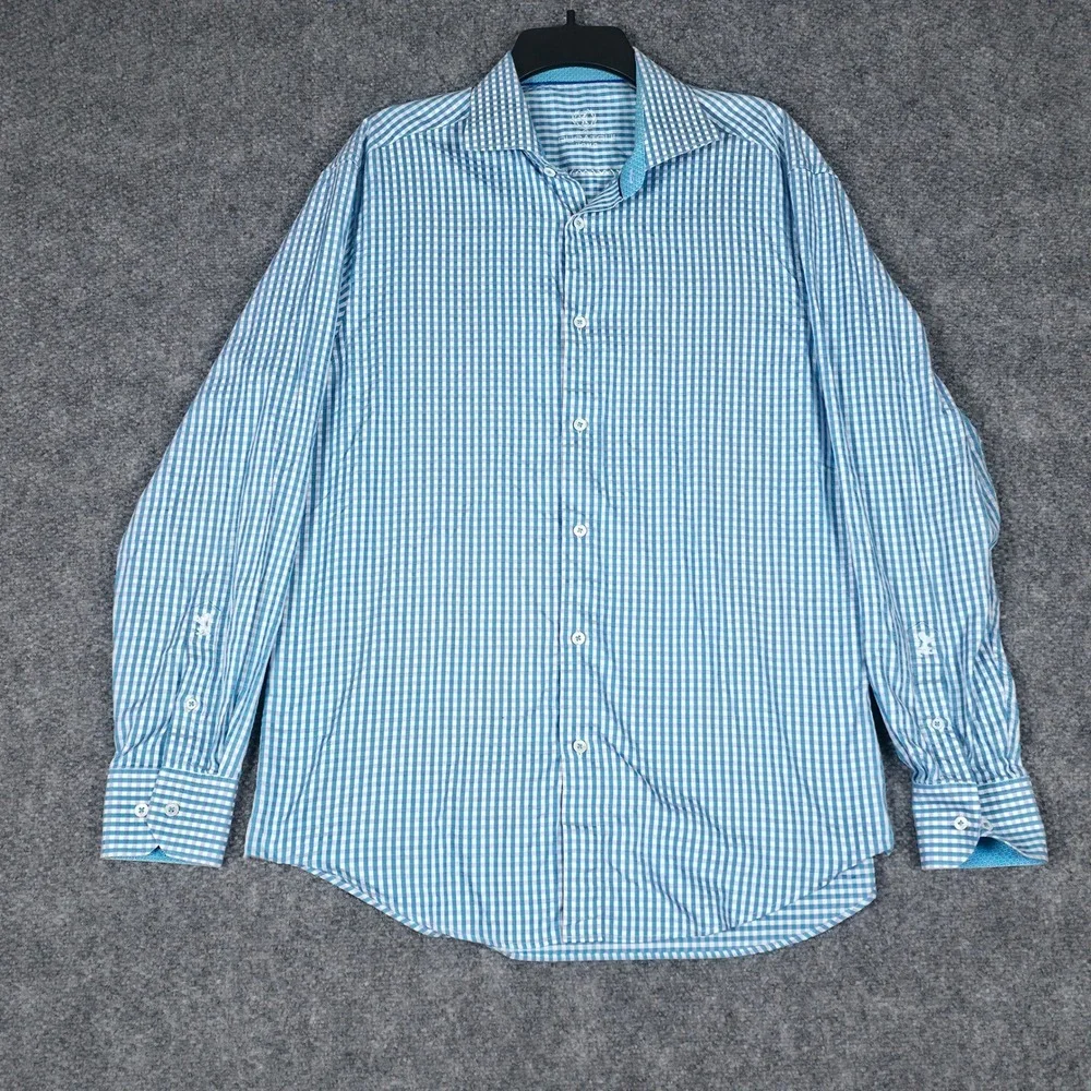 Bugatchi Uomo Mens Blue White Gingham Check Long Sleeve Button Up Shirt‎ 16.5 34